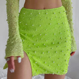 Pearl Sexy Dress Sets Women Square Collar Full Sleeve And Split Skirt Matching Sets Female Club Party Two Piece