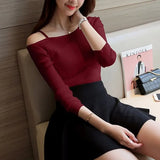 2021 Off Shoulder Sexy Women Long Sleeve Knitted Sweater Solid Skinny Slim Sweater Women Spring And Winter