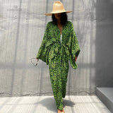 Blue Casual Long Sleeve Ankle Length Belt Long Kimono Dress Plus Size Women Clothing Plus Size Vintage Maxi Dress