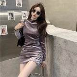 dresses Pure Color Velvet High Neck Bodycon Slim Bottoming Shirt Fall Fashion Elegant Casual Drawstring Female Mini