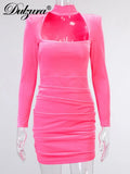 Velvet Women High Neck Long Sleeve Mini Dress Ruched Hollow Out Shoulder Pad Bodycon Sexy Club Party Elegant