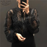 Lace Blouses Stand Collar Tops See Through Shirt Women Blouse Korean Clothing Pearl Buckle Loose Long Sleeve Shirt