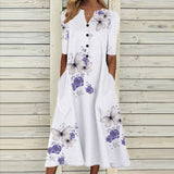V Neck Short Sleeve Button Party Dress Women Vintage Printed Dress Casual Loose Flower Ladies Dresses Vestidos