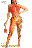 Fitness Outfits Sexy Print Halter Hollow Out Crop Top And Pants Two Piece Sets Summer Matching Club Suit Women