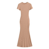 Zingj Trendy Women's Dress Sexy High Waist Hip Fishtail Skirt Temperament Solid Color Short-Sleeved Round-Neck Dress Long