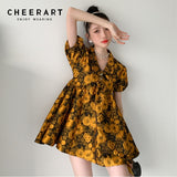 Jacquard Puff Sleeve Summer Dress 2021 Short Sleeve Yellow Floral Ball Gown Collared Mini Gold Elegant Dress