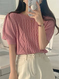 Kitty 2022 Summer Retro All Match Argyle Women Jumpers Pullovers Casual Chic Half Sleeves New Sweet Knitted