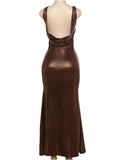 Brown Sequin Backless Maxi Dress- Outfit