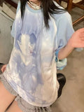 Tops Cartoon Print Loose T Shirts Women Japanese Casual Y2k Aesthetic Grunge Harajuku Contrast Color Patchwork
