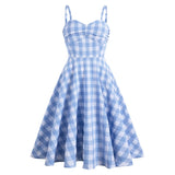 Summer Holiday Women Party Dress Blue Plaid Printed Spaghetti Strap Sundress A Line Swing Rockabilly Retro Vintage
