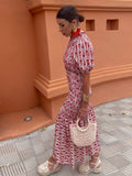 Women Pleated Printed Contrast Fishtail Dress Female Short Puff Sleeve Ruffles Dresses Ladies Vacation Elegant