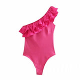 Women Ruffles One Shoulder Sexy Jumpsuit Swimwear Solid 2 Color Alternative Beach Bathing Suit Skinny Body