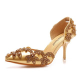 Cm Golden Water Diamond Wedding Shoes Fine Heel Pointed Sandals Hollow Two-Siped Sandals Banquet Crystal