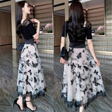 Butterfly Embroidery Wide Lace Up Waist Slimming Tulle Skirt Women High Waist Lace Splicing Mesh Pleated Skirt Korean