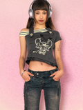 Shoulder Sexy Vintage Print Tee Shirts Summer Y2k Aesthetic Button Tshirts Women Slim Harajuku Streetwear Grunge Cropped