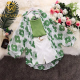 New Summer Women's Knitted Condole belt + Lantern Sleeve Sunprevent Clothes + Wide Leg Shorts 3 Piece Sets