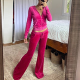 Vintage Fashion Green Velour Autumn Tracksuit Women Zip Up Hoodie and Pants Suits Two Piece Set Workout Solid