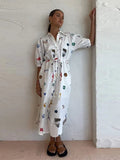 Women Fashion Printred Lantern Sleeves Shirt Dress Summer Lapel Single Breasted Causal Loose Robes Female Holiday Street