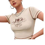 Zingj Personality Women's New Sexy Slim Round Collar Short Sleeve Print Crop T-Shirt-Outfit