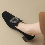 Fragrant Wind Frosted Skin Square Button Water Diamond Rough Heel Single Shoes Female Retro Square Head Middle Heel Loafers Shallow Mouth And Velvet Women's