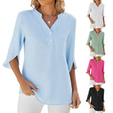 Zingj / Summer 2024 New V-Neck Button Middle Sleeve Solid Color Casual T-Shirt Chiffon-Outfit