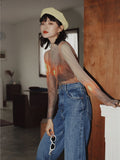 Turtleneck Mesh Top Long Sleeve T Shirt Women 2020 Transparent Top Neon Print Basic Tshirt Summer