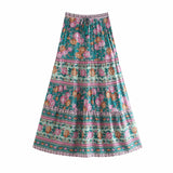 Queens Hippie Women Floral Print Beach Bohemian Pleated Skirt Ladies High Elastic Waist A-Line Rayon Boho Maxi