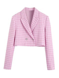 Women Fashion Tweed Houndstooth Cropped Blazer Coat Vintage Long Sleeve With Bejewelled Buttons Female Outerwear