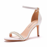 Cm High-Heeled Sandals Pearl White Buckle Shoes Fine Heel Fish Mouth Roman Sandals White Wedding