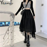 Gothic Tulle Pleated Skirt Black Lace Stitching Irregular Midi Skirt Women Vintage High Waist Long Skirt Korea Solid Hip