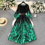 Zingj New Women's Dress Dress Oversized Printed Pleated Pleated Waist Belt Holiday