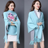 Printed Tassel Knitting Poncho New Fashion Long Batwing Sleeve Swing Sweater Wrap Cardigan Female V