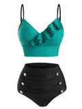 Ruffle Mock Button Tummy Control Bikini Swimwear Brazilian Bikini Set Swim Suit Top Push-Up Swimwear Bikini