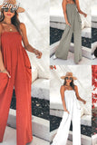 Women Jumpsuit Square Collar Suspenders Sleeveless Backless Nipped Waist Loose Wide Legs Casual Pants Romper High