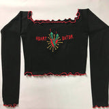 Gothic Off Shoulder T-shirts Solid Embroidery Front Long Sleeve Ruffle Hem Crop Tops Fashion Spring E girl Tees