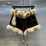 Low Waist Lace-up Fur Trim Shorts- Outfit