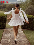 Summer Sexy Square Collar Women Dress Casual Slim Sleeveless Office Mini Dresses Elegant Cotton Pleated Female White