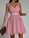 Women Sleeveless Sequin Club Party Dresses Summer New Elegant Solid V-Neck Sling Mini A-Line Dress Ladies Chic Waist