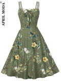 Vintage Sexy Floral Pleated Dress Sundress High Waist Spaghetti Strap Tunic A Line 50s Dress Holiday Beach Mujer