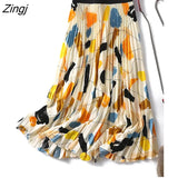 2023 Spring Summer Fashion Midi Long Pleated Skirt Women Korean Print Mid-Length High Waist A Line Skirt