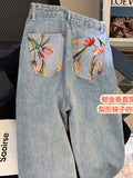 Mujer Summer Fashion Oversized Streetwear Retro Flower Print High Waist Blue Straight Casual Women Denim Trousers