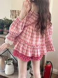 Kawaii Plaid Two Piece Set Women Sweet Loose Ruffled Tops Casual Shorts Suit Summer Y2k Clothes Sutit Korean