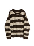 And White Striped Gothic Sweaters Women Ripped Holes Loose Knitted Pullover Frayed Fairy Grunge Jumpers Streetwear