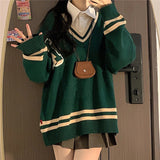 Harajuku Sweater Women Y2k Preppy Style Vintage Jumpers Ladies V-neck Oversized Streetwear Chic Pullover Casual