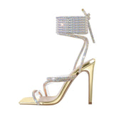 Onlymaker Women's Summer Crystal Lace-Up Stiletto High Heel Sandals Multicolor Square Toe Cross Strap PVC Bling