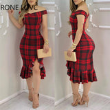 Women Plaid Off Shoulder Ruffle Hem Slit Dress Party Sexy Dress Elegant Fashion