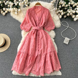 Zingj Hollowed-Out Dress Women's Bubble Sleeves New Loose Embroidery Light Ripe Wind Waist Showing A Long Skirt With Thin Lotus