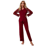 Zingj Wear Ladies Solid Color Lace Mesh Long Sleeve Trousers Pajamas Suit