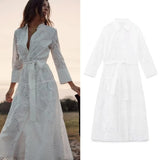 New Autumn Shirt Type Long Skirt Hollow-Out Embroidered MIDI