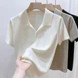 Zingj Beauty Solid Color Thin Polo Lapel Sweater Female Summer New Small Short-Sleeved T-Shirt